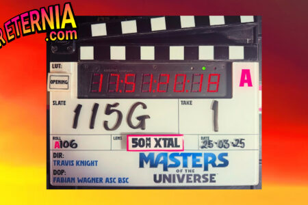 Cinematographer Fabian Wagner shows off the ”MASTERS OF THE UNIVERSE” Movie Capperboard and Production Logo